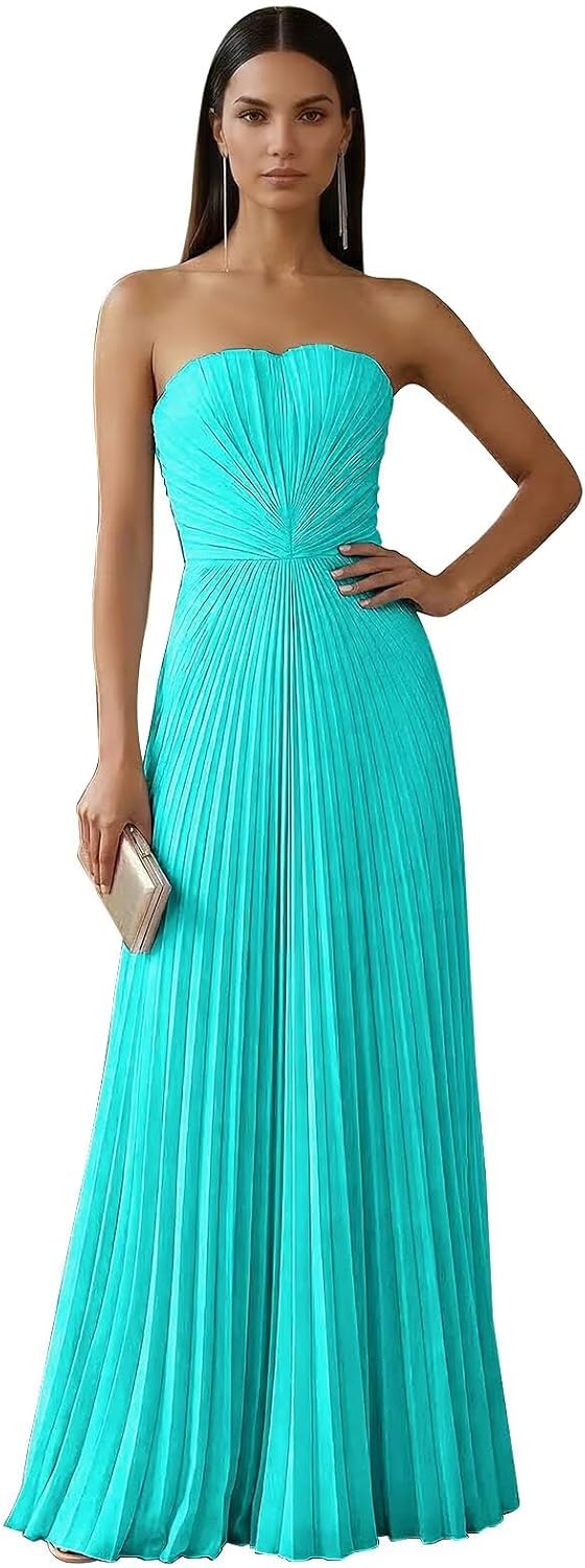 Strapless Prom Dresses for Women Long A Line Cocktail Dress Pleated Chiffon Formal Wedding Guest Dress