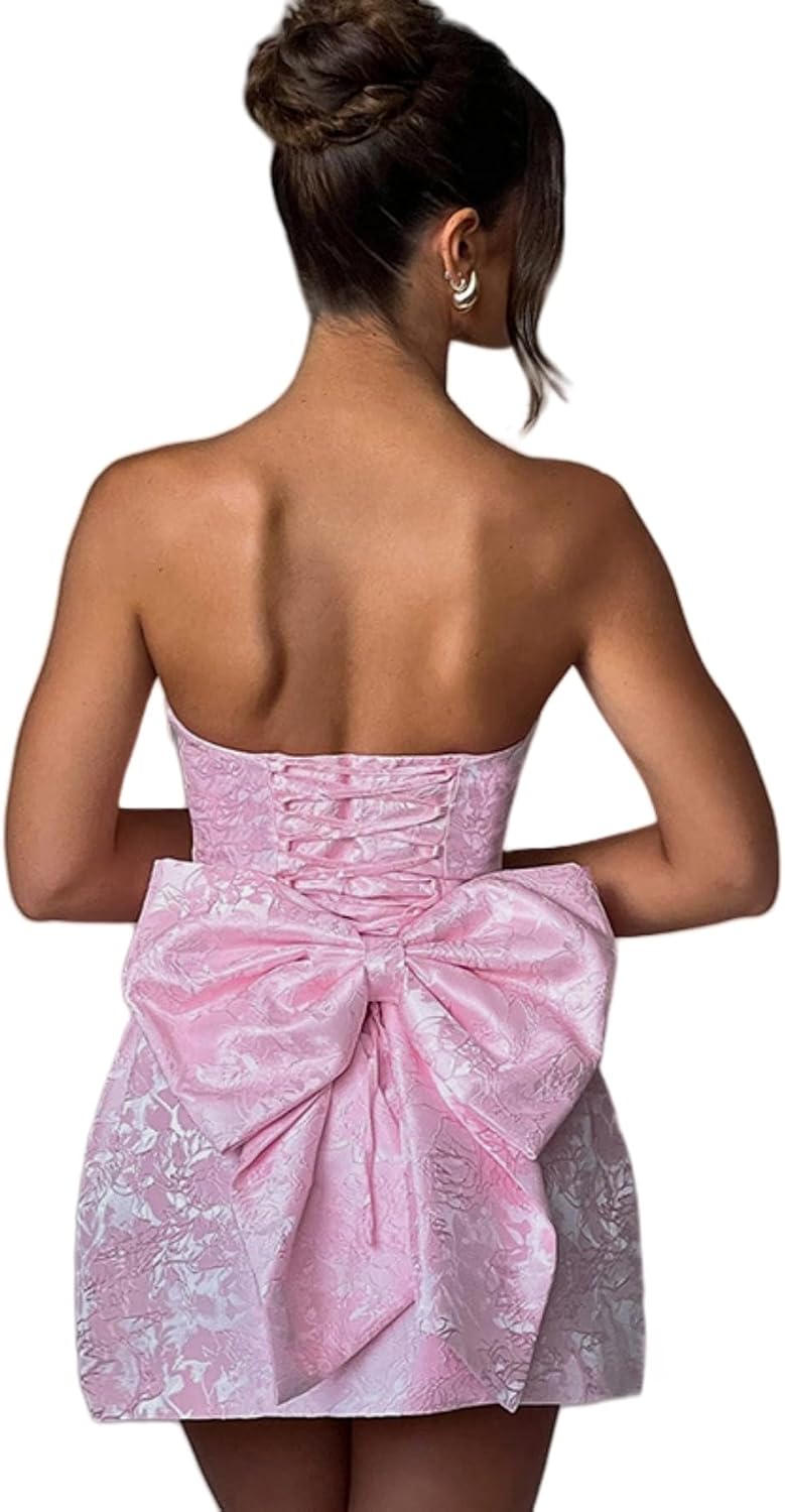 Jacquard Satin Homecoming Dress with Bow Elegant Strapless Mini Dress A Line Short Prom Dresses Party Gown