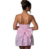 Jacquard Satin Homecoming Dress with Bow Elegant Strapless Mini Dress A Line Short Prom Dresses Party Gown