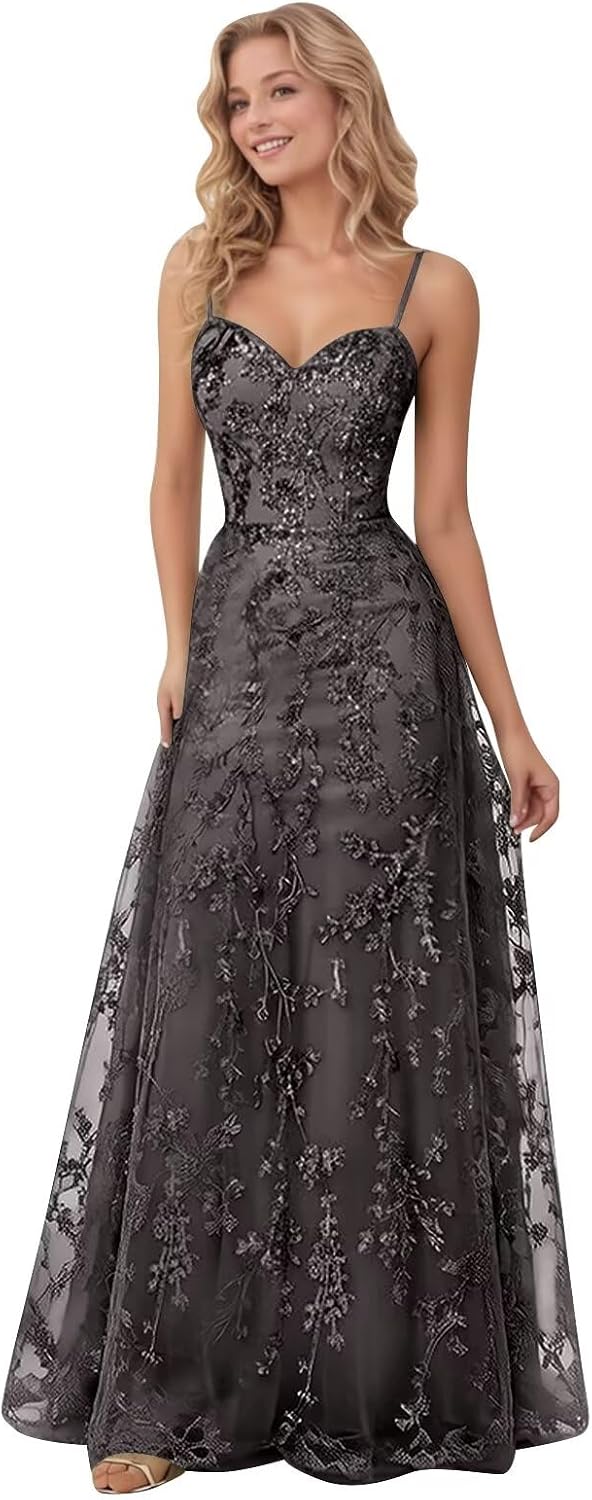 Spaghetti Strap Sparkly Prom Dress for Women Long Tulle Formal Dress Laces Evening Party Gown