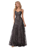 Spaghetti Strap Sparkly Prom Dress for Women Long Tulle Formal Dress Laces Evening Party Gown