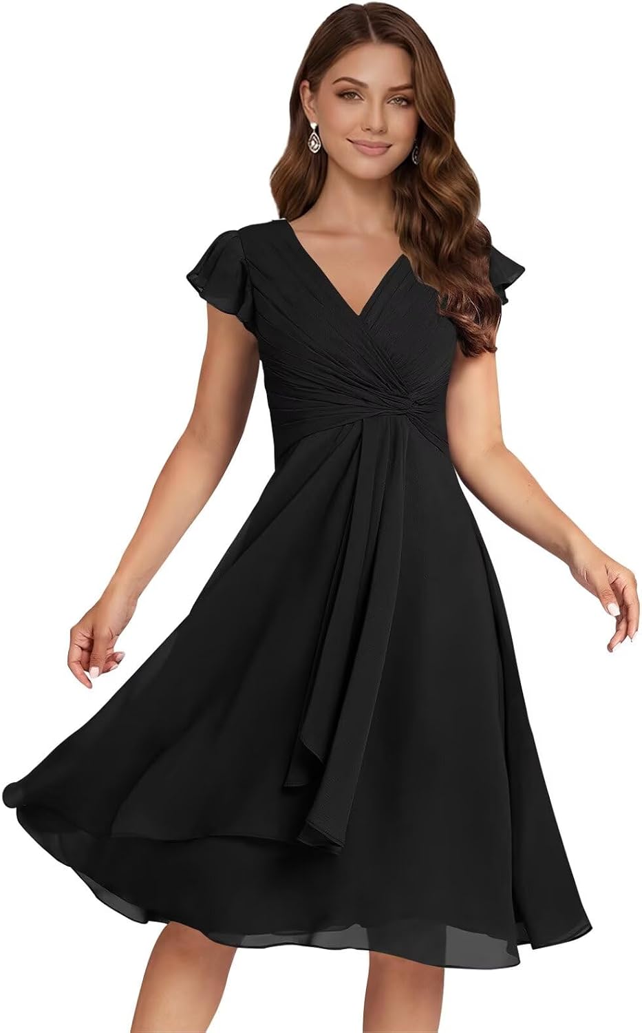 Short Chiffon Bridesmaid Dresses for Women V Neck Flutter Sleeves Ruffle Formal Cocktail Gowns with Pockets