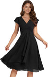 Short Chiffon Bridesmaid Dresses for Women V Neck Flutter Sleeves Ruffle Formal Cocktail Gowns with Pockets