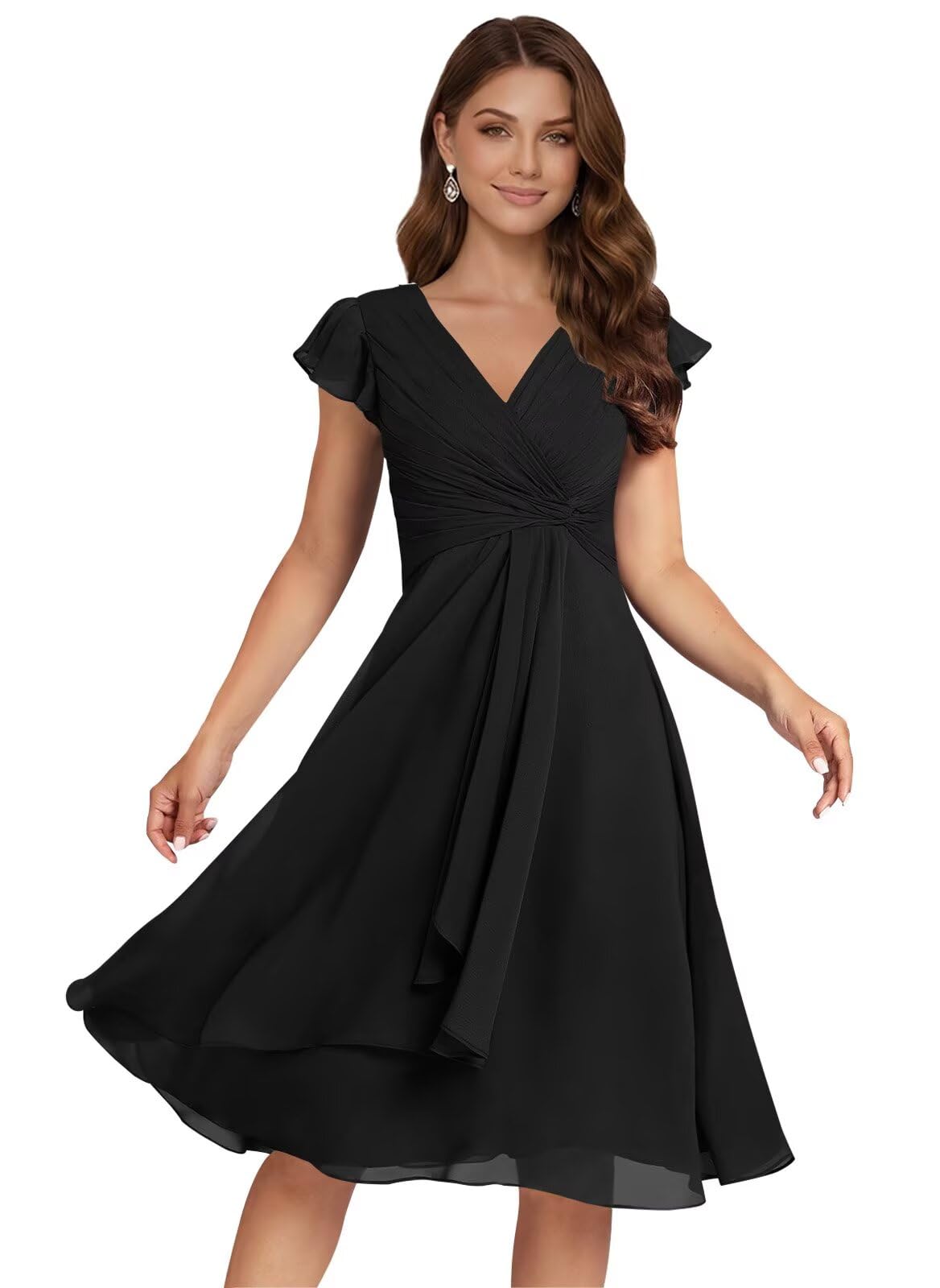 Short Chiffon Bridesmaid Dresses for Women V Neck Flutter Sleeves Ruffle Formal Cocktail Gowns with Pockets