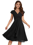 Short Chiffon Bridesmaid Dresses for Women V Neck Flutter Sleeves Ruffle Formal Cocktail Gowns with Pockets
