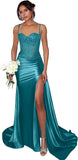 Lace Satin Prom Dresses for Women 2026 Long Mermaid Spaghetti Straps Corset Formal Evening Party Dress with Slit