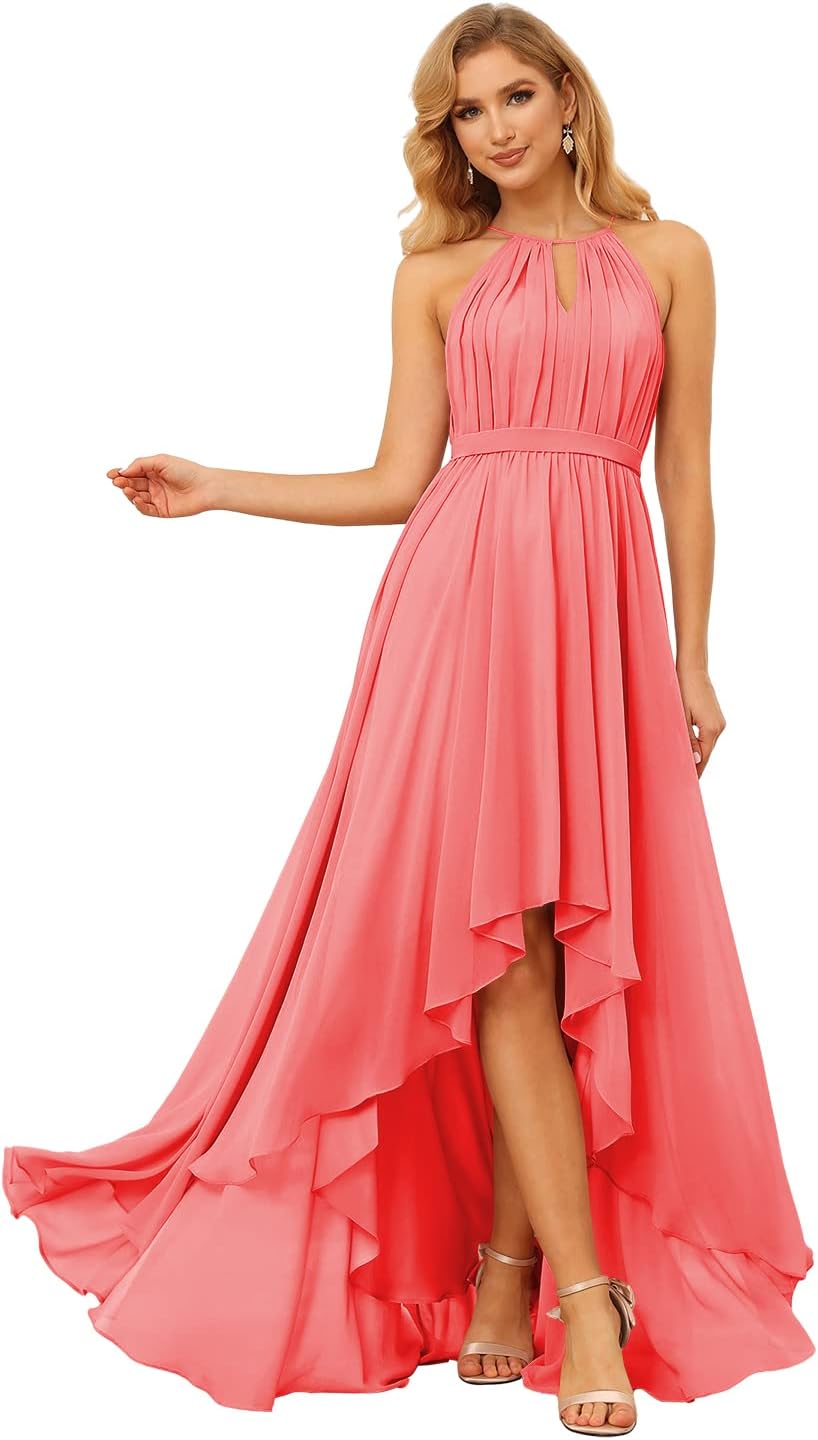 Damen Neckholder Brautjungfernkleider Lang mit Taschen High-Low Falten Formelles Kleid für Hochzeit 