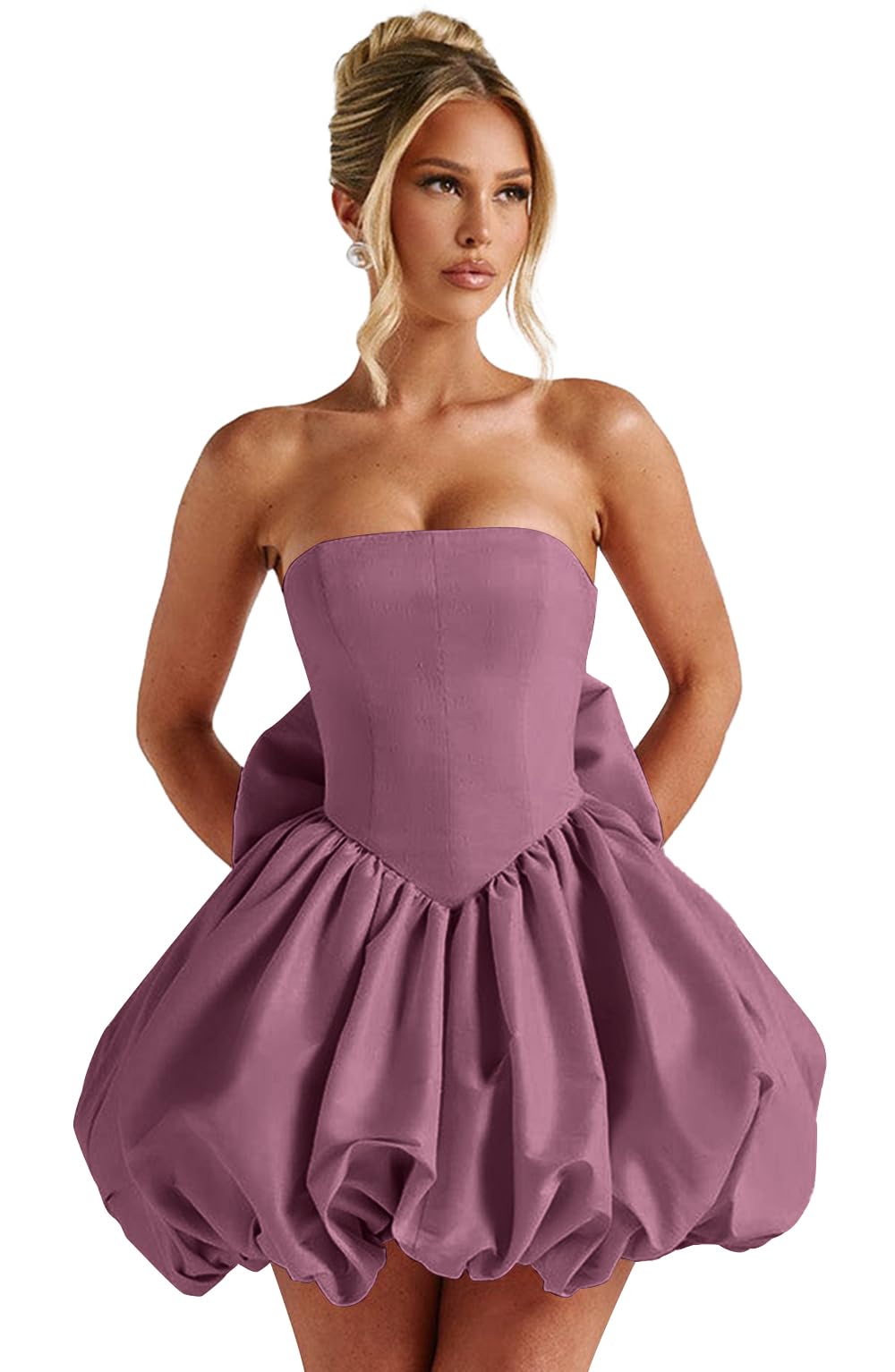 Satin Flower Bud Homecoming Dress Short Prom Dress with Bow Strapless A Line Mini Cocktail Party Gown