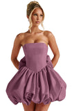 Satin Flower Bud Homecoming Dress Short Prom Dress with Bow Strapless A Line Mini Cocktail Party Gown