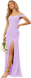 Vestidos de dama de honor de gasa con hombros descubiertos para mujer, vestidos formales largos de sirena fruncidos con abertura 
