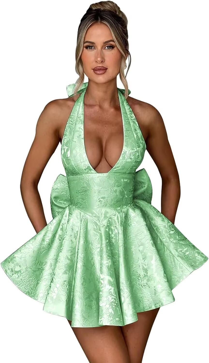 Satin Halter Homecoming Dresses for Teens 2027 V Neck Jacquard A-line Short Prom Cocktail Gowns with Bow