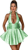 Satin Halter Homecoming Dresses for Teens 2027 V Neck Jacquard A-line Short Prom Cocktail Gowns with Bow