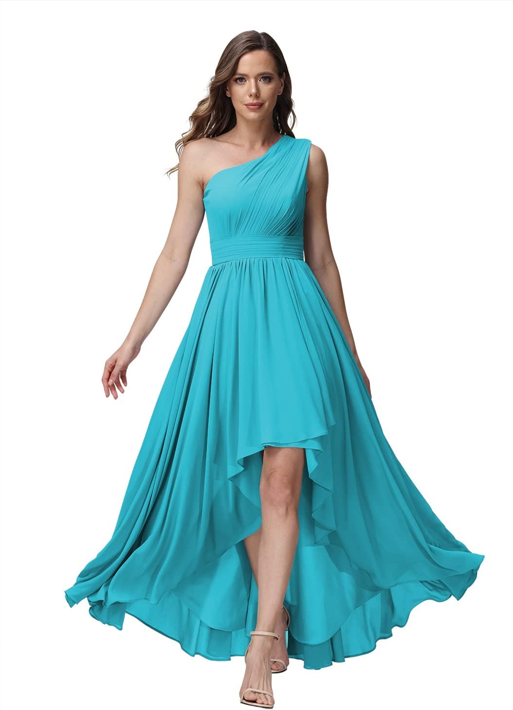 Vestido de dama de honor de un solo hombro para mujer, vestido formal de noche de gasa con bolsillos y corte alto bajo