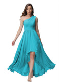 Vestido de dama de honor de un solo hombro para mujer, vestido formal de noche de gasa con bolsillos y corte alto bajo