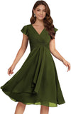 Short Chiffon Bridesmaid Dresses for Women V Neck Flutter Sleeves Ruffle Formal Cocktail Gowns with Pockets