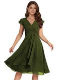 Short Chiffon Bridesmaid Dresses for Women V Neck Flutter Sleeves Ruffle Formal Cocktail Gowns with Pockets
