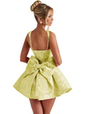 Satin Jacquard Homecoming Dress with Bow Short A-Line Mini Prom Cocktail Party Gown