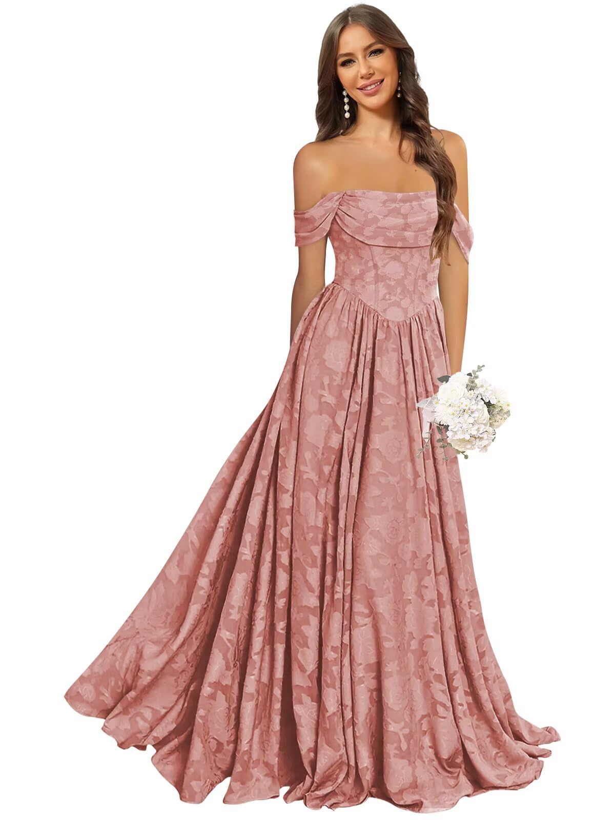 Jacquard Chiffon Bridesmaid Dresses Long Off The Shoulder Formal Evening Dress for Women