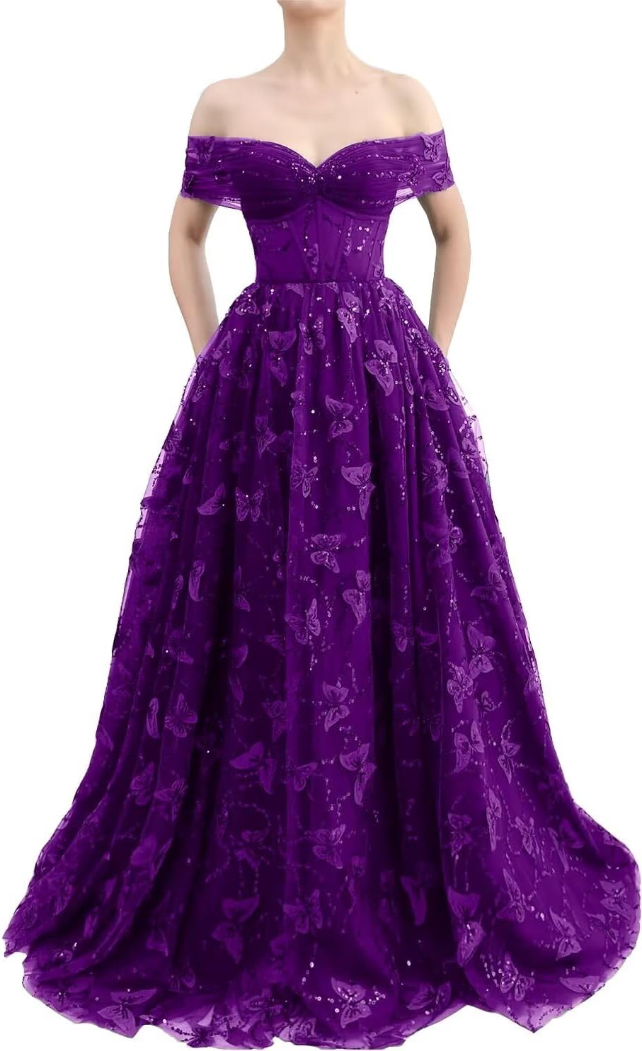 Sparkly Off Shoulder Tulle Prom Dresses with Butterfly Appliques Long A Line Formal Evening Party Gowns for Women