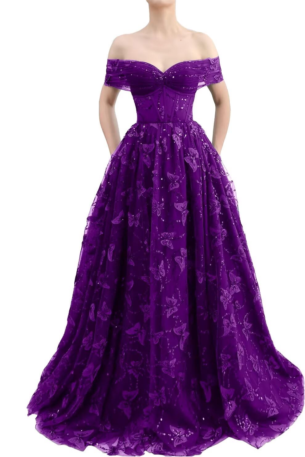 Sparkly Off Shoulder Tulle Prom Dresses with Butterfly Appliques Long A Line Formal Evening Party Gowns for Women