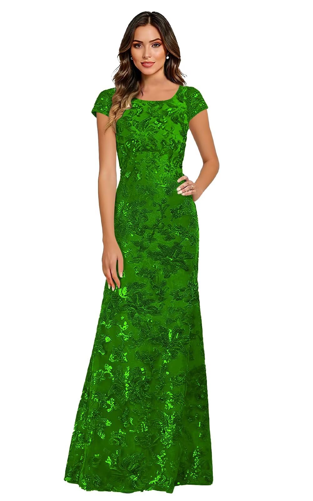 Lace Appliques Scoop Neck Sequin Mother of the Bride Dresses Mermaid Short Sleeve Formal Evening Gowns