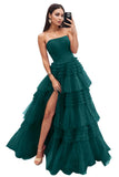 Strapless Tiered Tulle Prom Dresses for Women 2027 Long Sparkly A-Line Formal Evening Party Ball Gowns with Slit