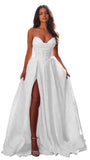Jacquard Satin Prom Dresses with Slit Strapless Corset A Line Long Formal Gowns