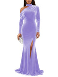 Mermaid Velvet Prom Dresses with Slit 2027 Long Sleeve Formal Dress for Women One Shoulder Evening Party Gowns