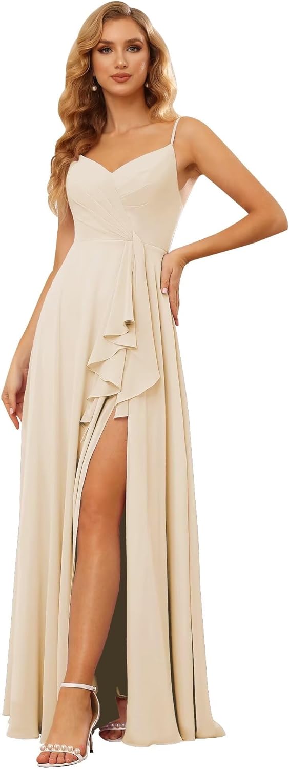 Vestidos de dama de honor largos de gasa con tirantes finos y bolsillos, vestidos formales con volantes y abertura para mujer 