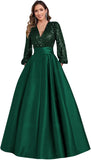 Satin Mother of Bride Dresses Long for Women Sequin Long Sleeve Evening Gown with Pockets