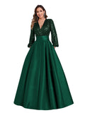 Satin Mother of Bride Dresses Long for Women Sequin Long Sleeve Evening Gown with Pockets
