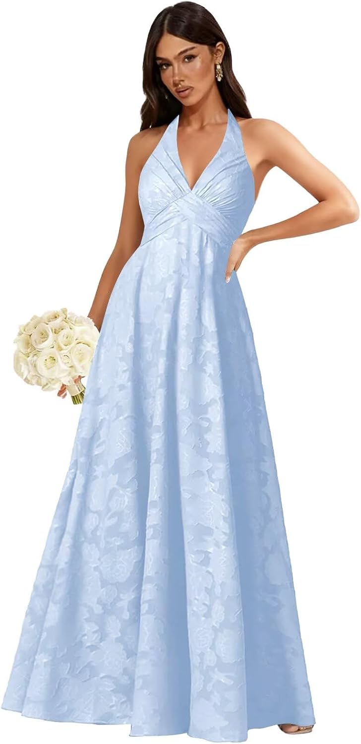 Floral Lace Bridesmaid Dresses for Women Long V Neck A-Line Open Back Halter Formal Evening Gown