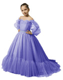 Puffy Sleeves Flower Girl Dress for Wedding Tulle Princess Pageant Dress Kids Prom Ball Gown with Belt