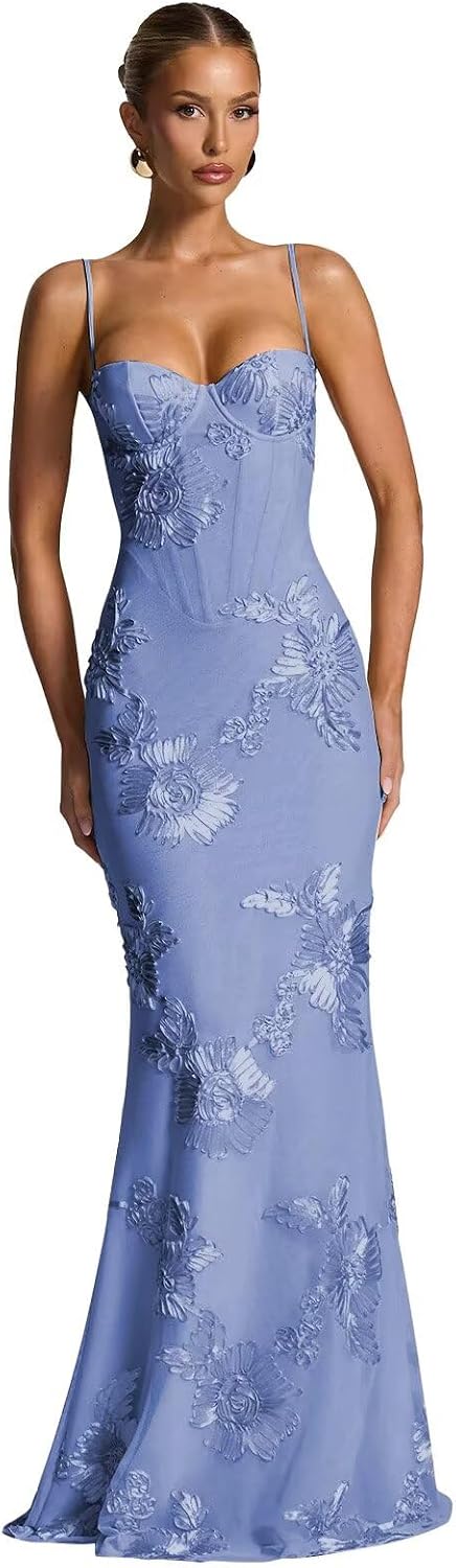 Spaghetti Straps Mermaid Prom Dress 2026 Floral Embroidery Long Corset Formal Evening Gowns