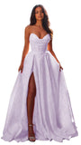 Jacquard Satin Prom Dresses with Slit Strapless Corset A Line Long Formal Gowns