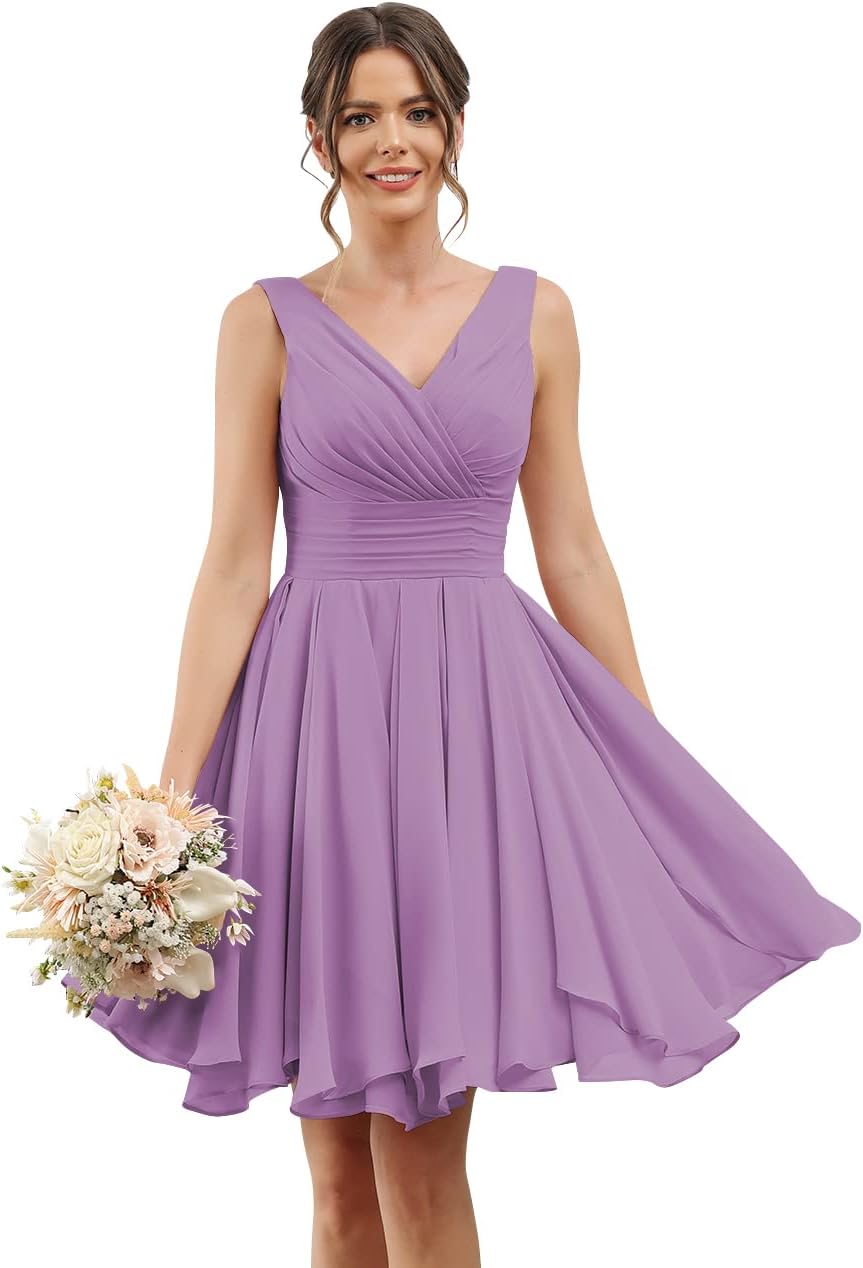 Double V Neck Short Bridesmaid Dresses for Women 2025 Chiffon A Line Formal Evening Gowns with Pockets