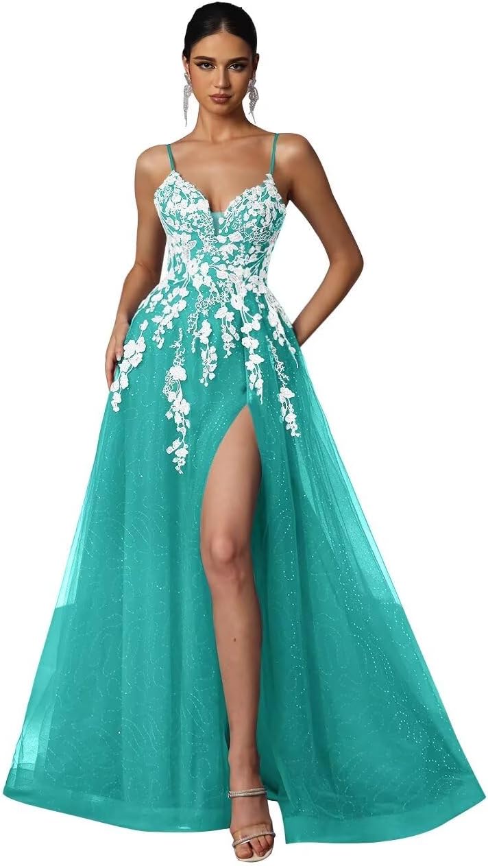 Tulle Prom Dresses 2027 Puffy Ball Gown for Women Formal V Neck Lace Appliques Evening Gown with Slit Long Homecoming Dress