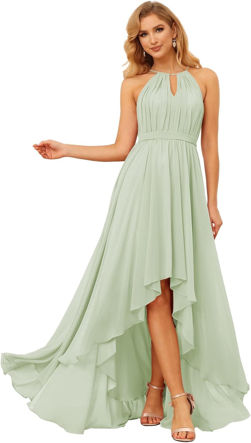 Damen Neckholder Brautjungfernkleider Lang mit Taschen High-Low Falten Formelles Kleid für Hochzeit 
