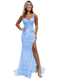 Sparkly Sequin Prom Dresses for Teens 2026 V Neck Glitter Applique Mermaid Formal Evening Gown with Slit