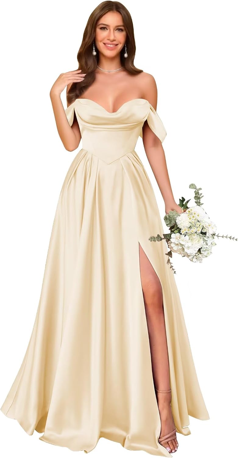 Off Shoulder Satin Bridesmaid Dresses Long Pleated Formal Dresses A Line Evening Gowns with Slit