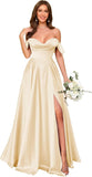 Off Shoulder Satin Bridesmaid Dresses Long Pleated Formal Dresses A Line Evening Gowns with Slit