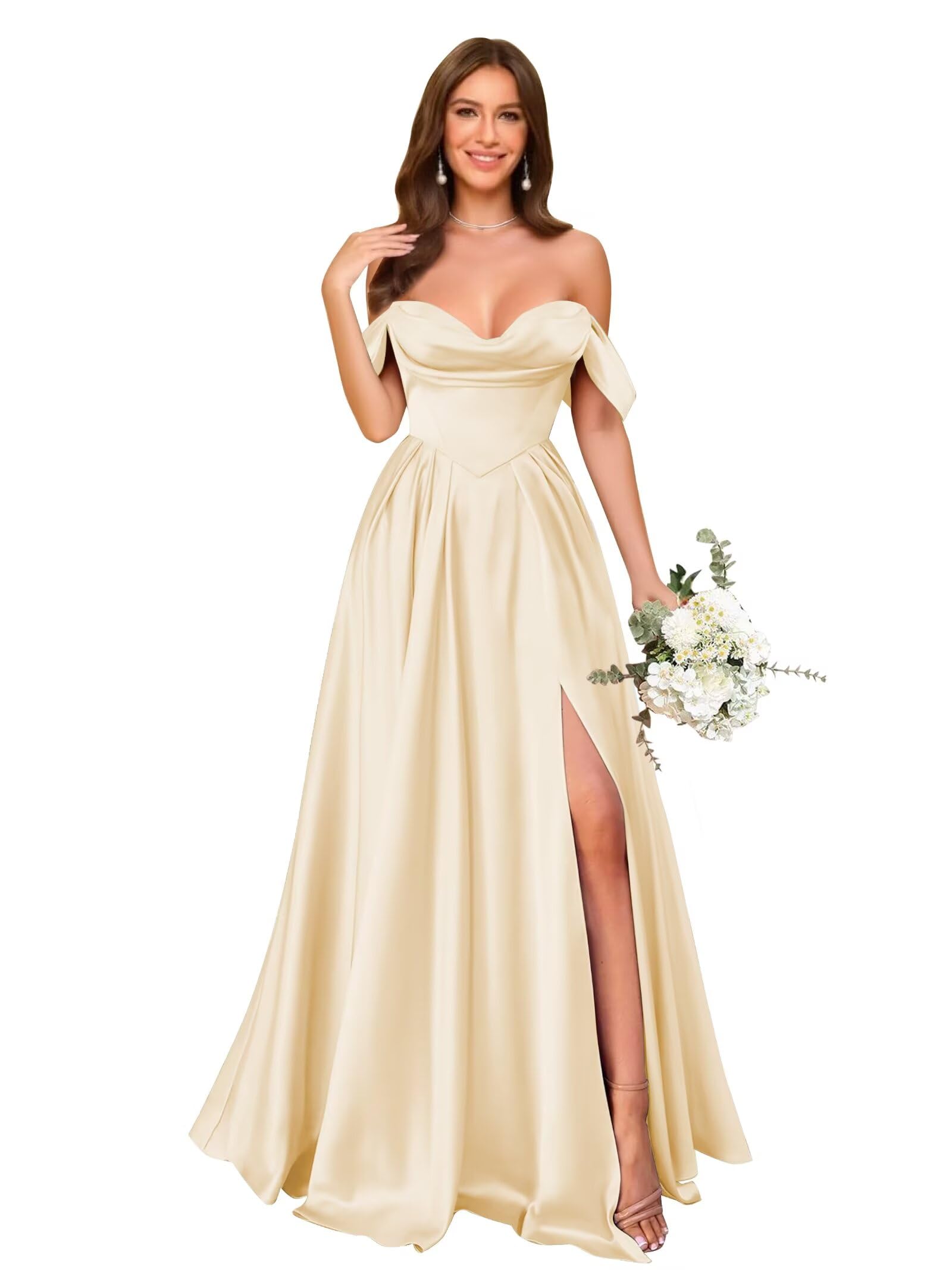 Off Shoulder Satin Bridesmaid Dresses Long Pleated Formal Dresses A Line Evening Gowns with Slit