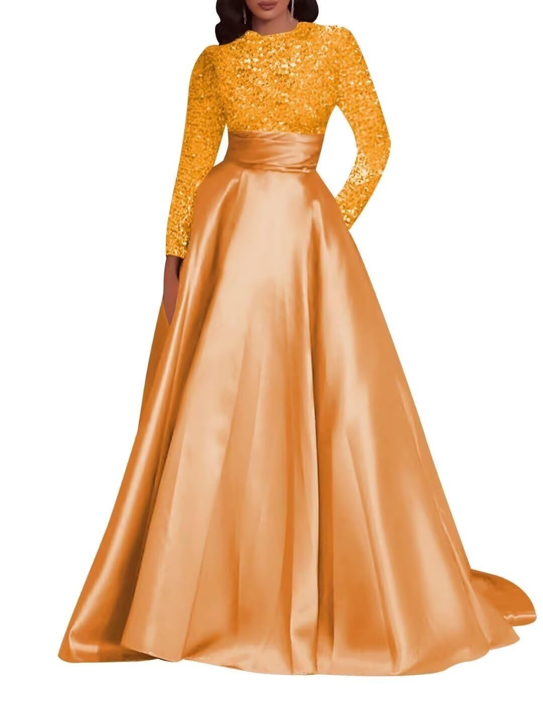 Kingbridal Gowns Long Sleeve Sequin Prom Dresses for Women Satin A-line Formal Dress 2026 Sparkly Evening Party Gowns with Pockets