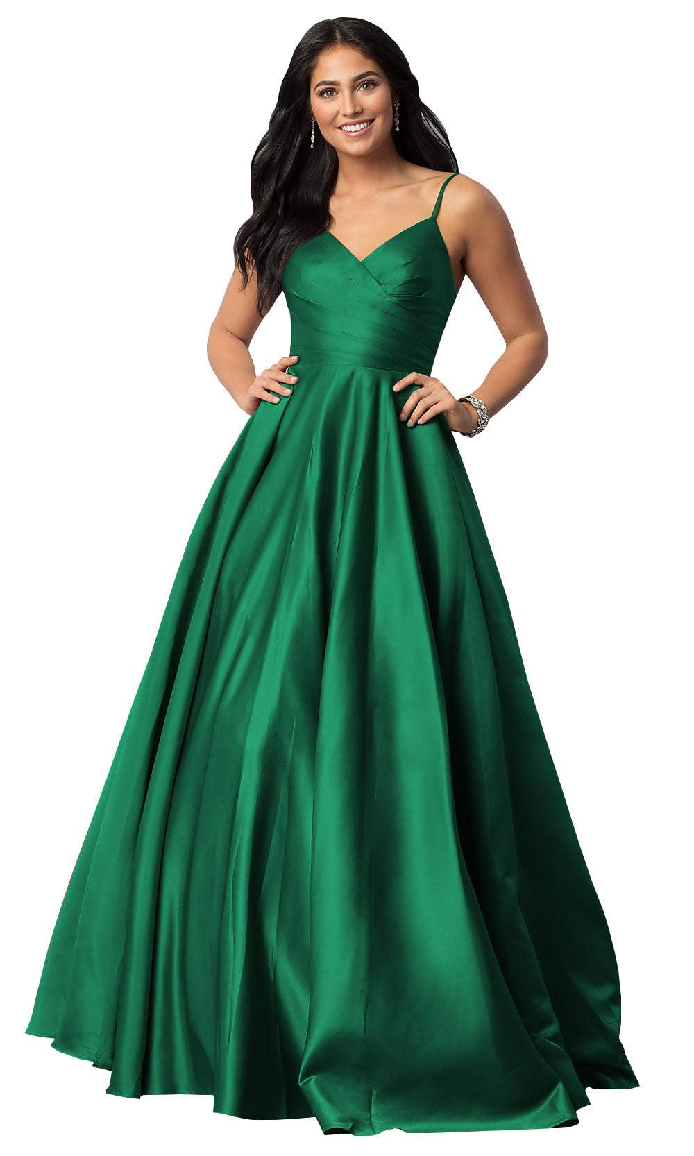 Spaghetti Straps Satin Prom Dresses for Women Long with Pockets Pleated Formal Evening Gowns Ball Gown