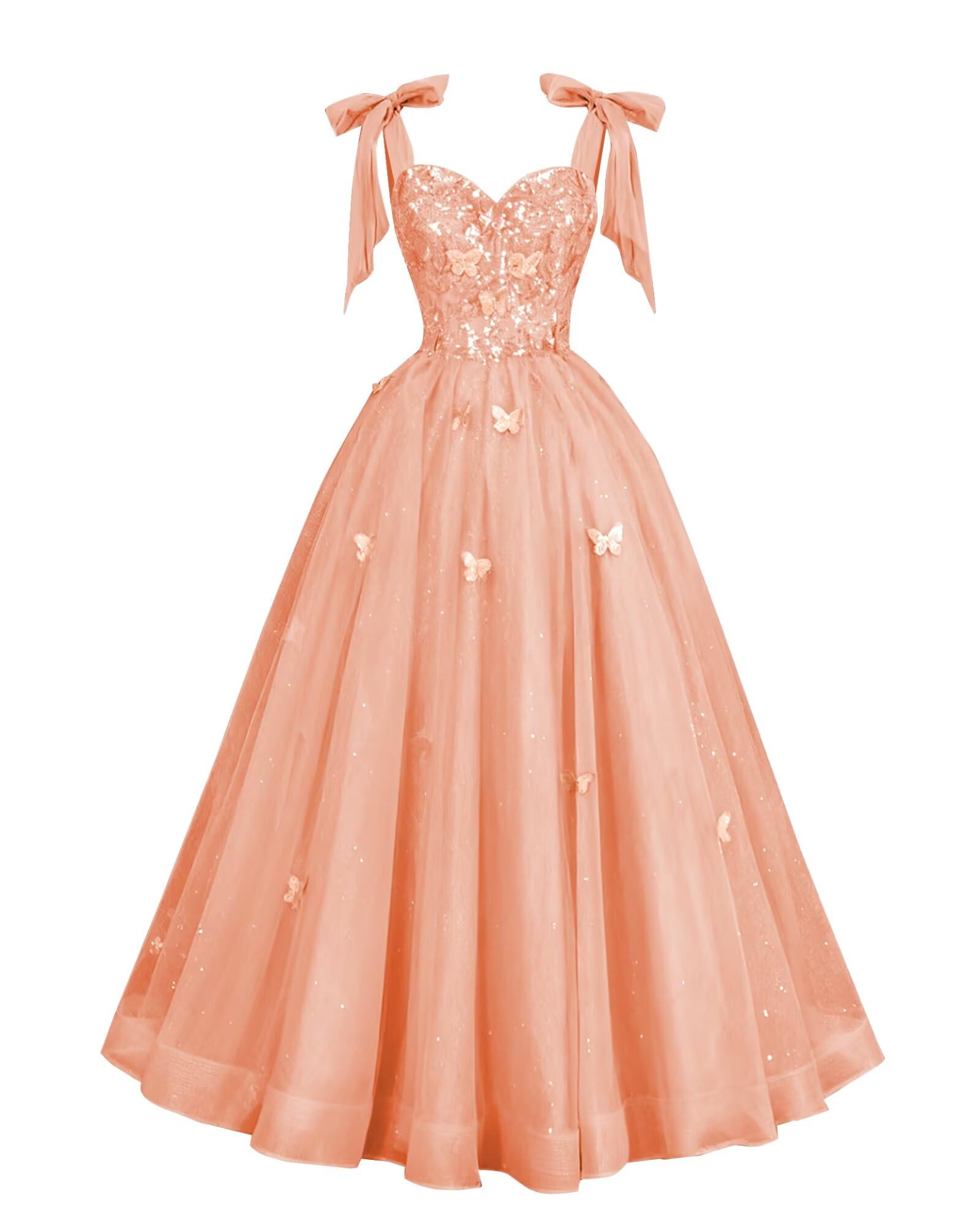 Glitter Tulle Prom Dress for Teens 3D Butterfly Long Ball Gowns Sequin Princess Quinceanera Dresses with Bow