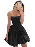 Satin Flower Bud Homecoming Dress Short Prom Dress Cowl Neck Pleated A Line Mini Cocktail Party Gown