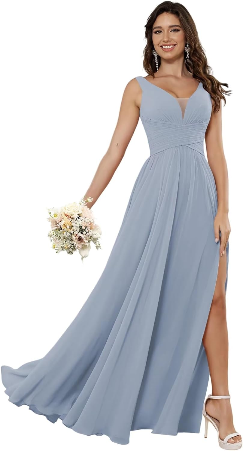 Vestidos de dama de honor sencillos de gasa para mujer con bolsillos, vestidos formales largos con escote en V y abertura 