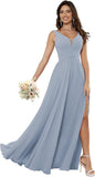 Vestidos de dama de honor sencillos de gasa para mujer con bolsillos, vestidos formales largos con escote en V y abertura 