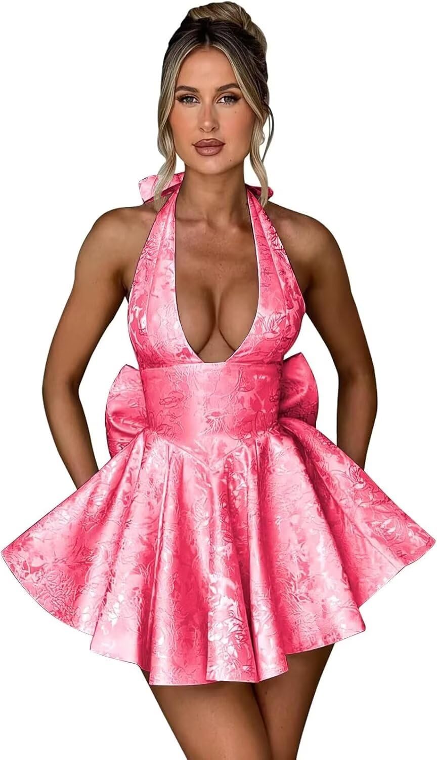Satin Halter Homecoming Dresses for Teens 2027 V Neck Jacquard A-line Short Prom Cocktail Gowns with Bow