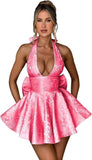 Satin Halter Homecoming Dresses for Teens 2027 V Neck Jacquard A-line Short Prom Cocktail Gowns with Bow